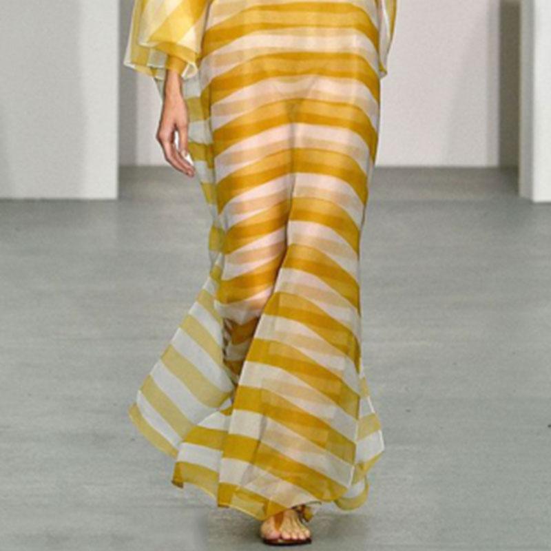 Fashion Loose long sleeve V neck Yellow Stripe Maxi Dress
