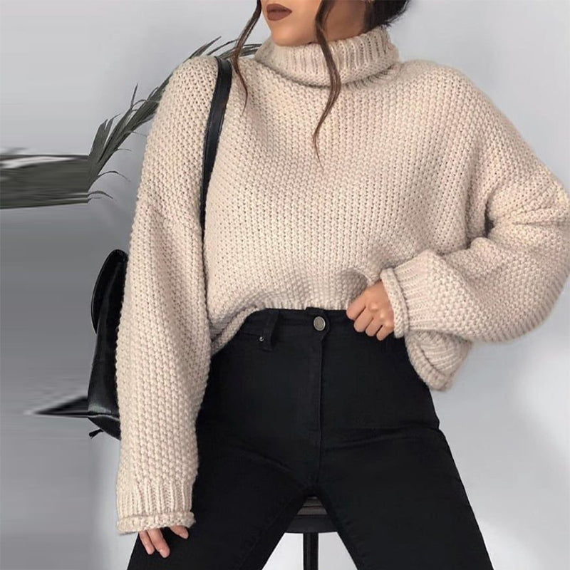 Simple high collar long sleeve loose solid color sweater