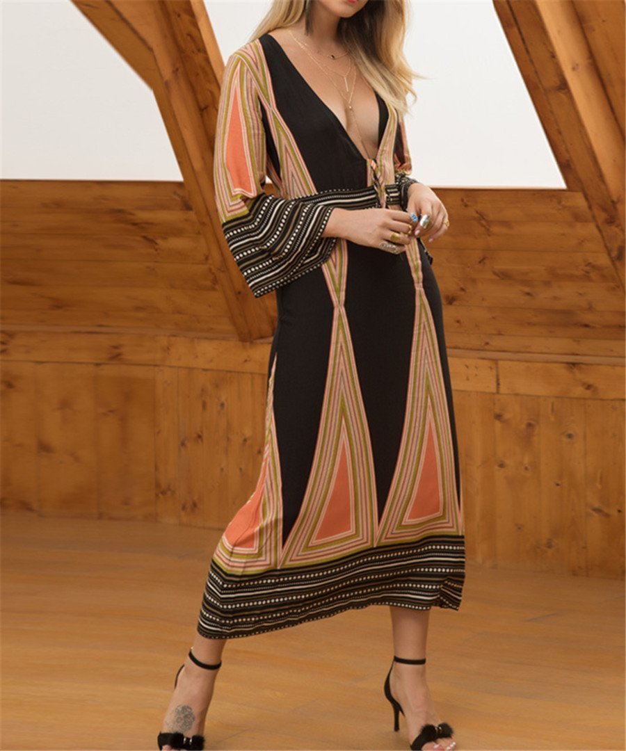 Stylish Deep V-Neck long sleeves Bohemian Print Dress