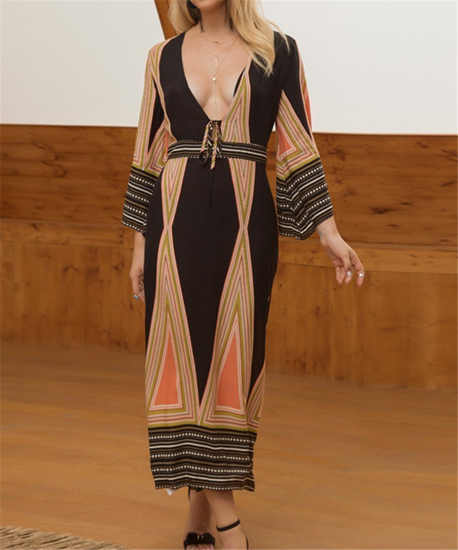 Stylish Deep V-Neck long sleeves Bohemian Print Dress