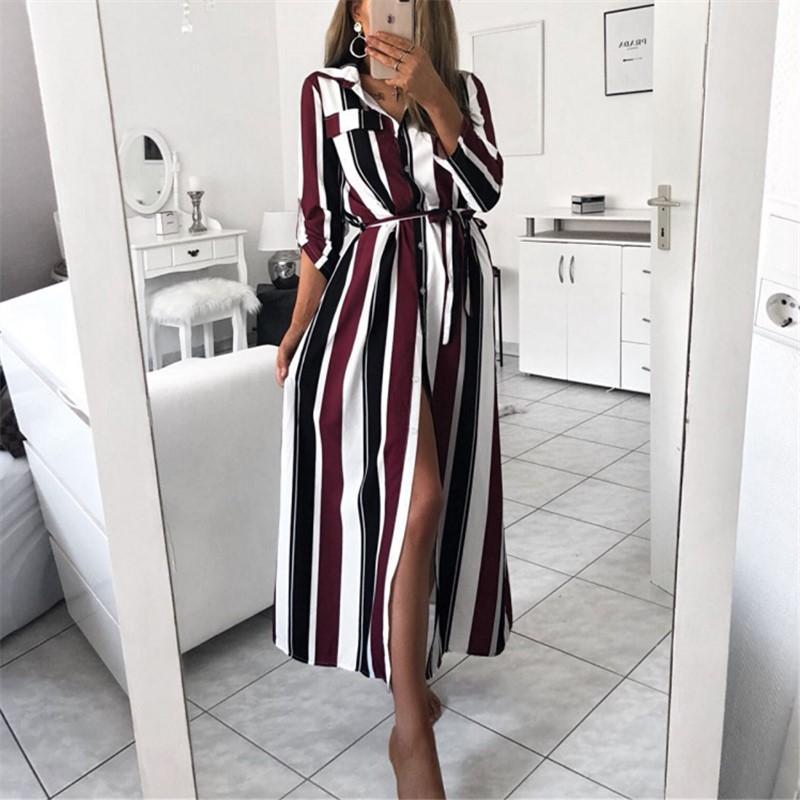 Fashion short sleeve Colour Striped   Printed Loose Shirt Midi Dress