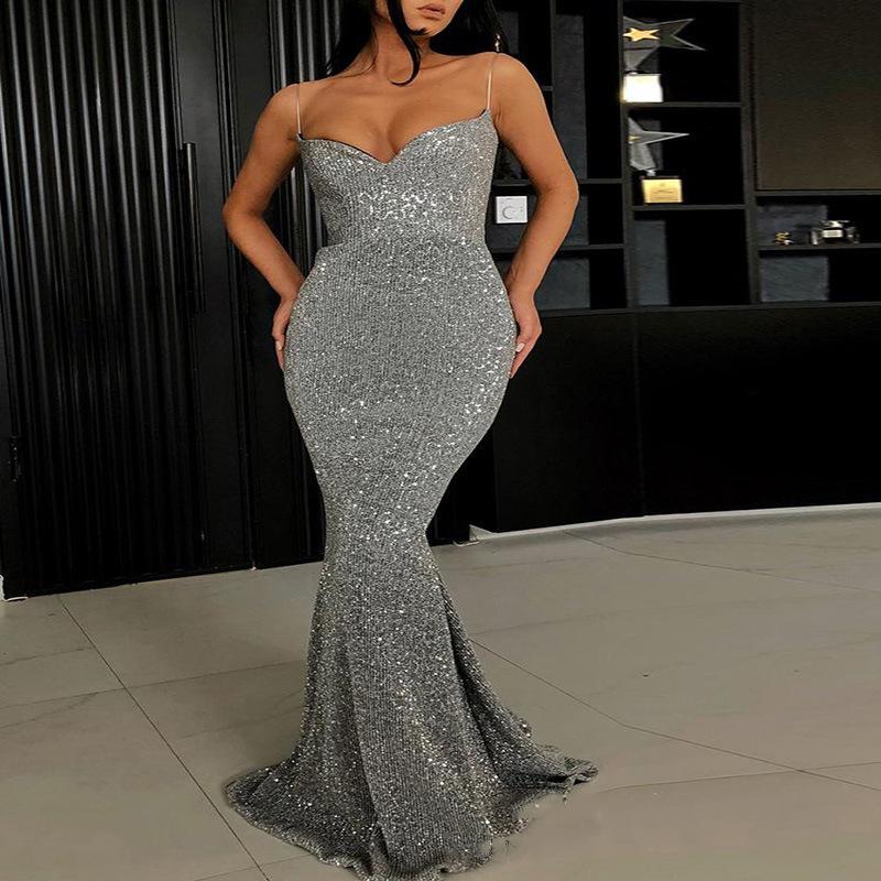 Sexy Sequins V Neck sleeveless Fishtail Evening Dress