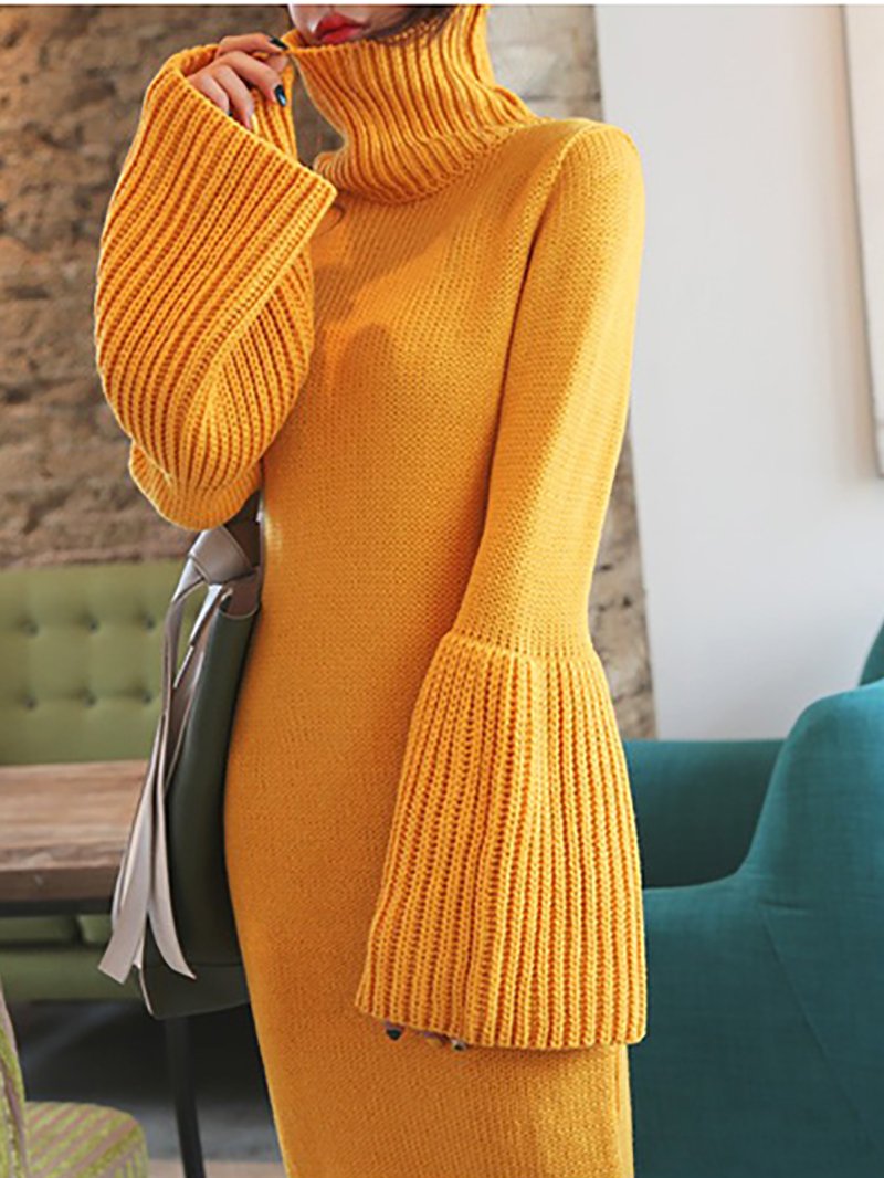 Fashion Slit High Collar Pure Colour Bell long sleeves Dresses