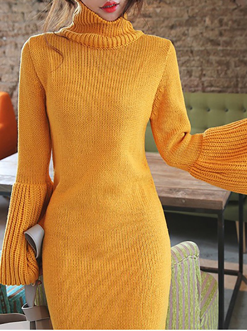 Fashion Slit High Collar Pure Colour Bell long sleeves Dresses