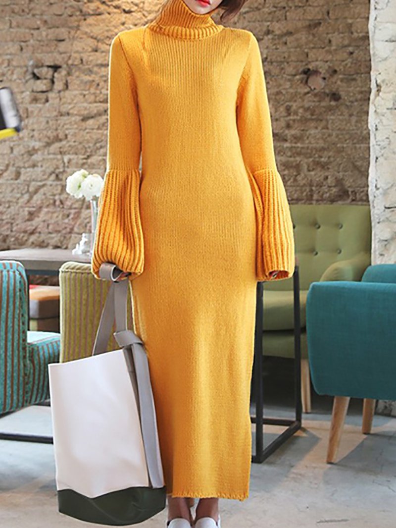 Fashion Slit High Collar Pure Colour Bell long sleeves Dresses