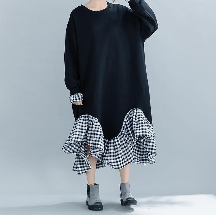 Fashion long sleeves Stitching   Plaid Loose Fishtail Skirt Knitted Dresses