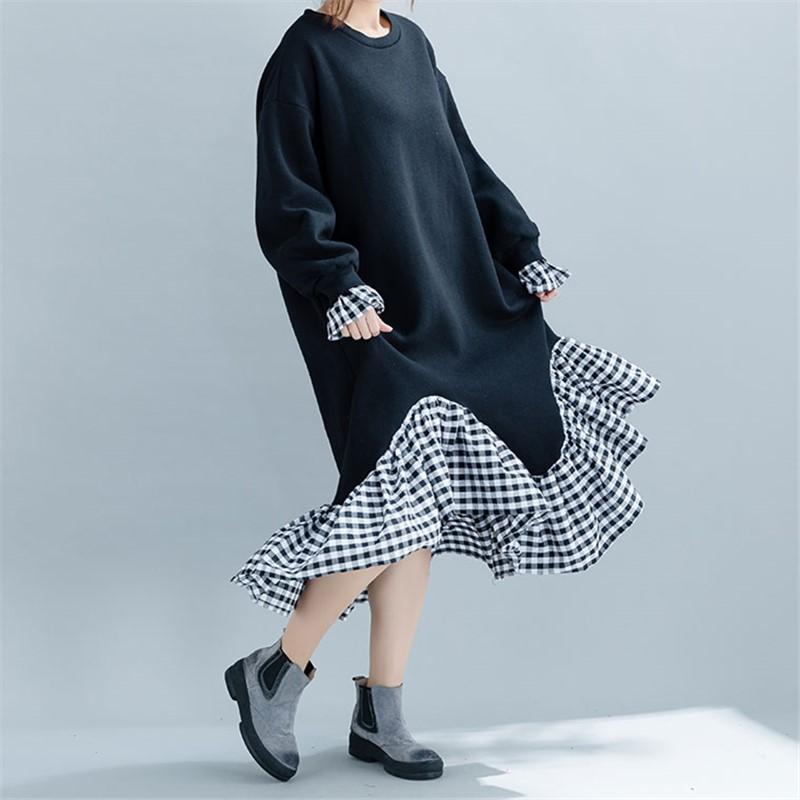 Fashion long sleeves Stitching   Plaid Loose Fishtail Skirt Knitted Dresses