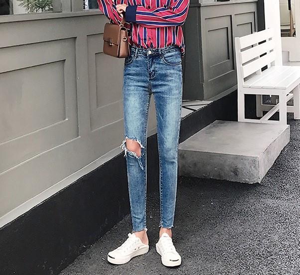 Fashion Slim Show   Thin  Elastic Skinny Ripped Jeans   Pencil Pants