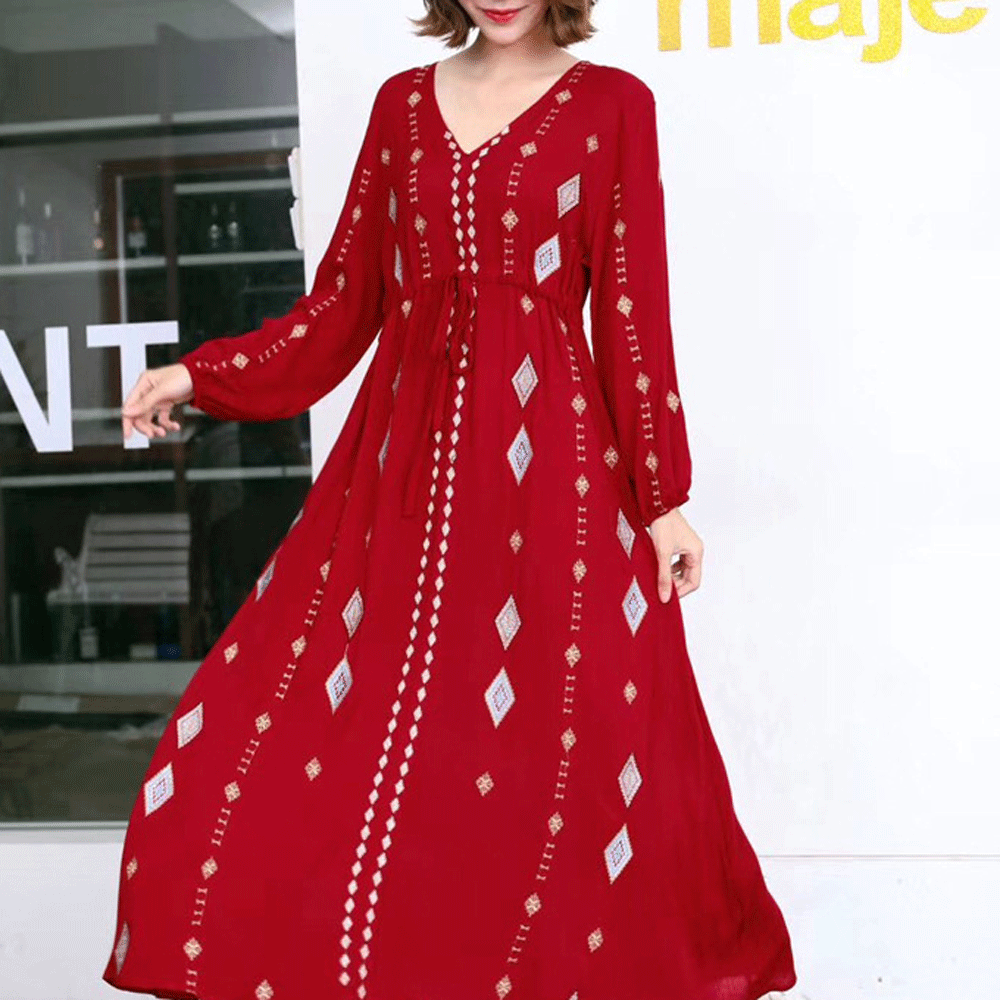 Vintage V Collar Long Sleeves Embroidery Ethnic Style Maxi Dress
