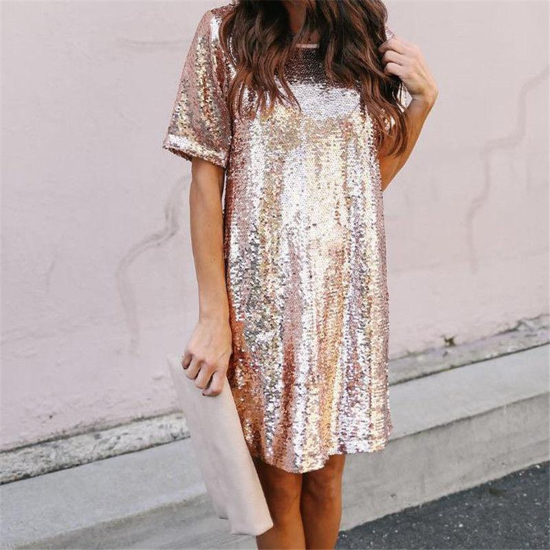 Fashion Sequins Round Neck Short Sleeve Mini Dresses