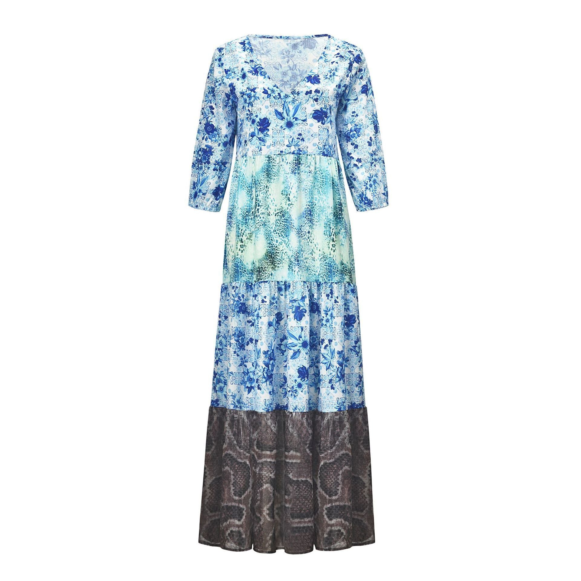 2019 Bohemia Style V Collar short sleeve Floral Printed Maxi Dress