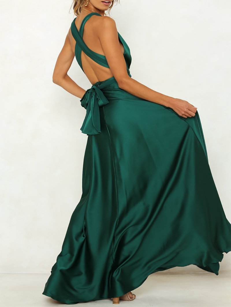 Sexy V Neck sleeveless Pure Colour Bare Back Belted Evening Dresses