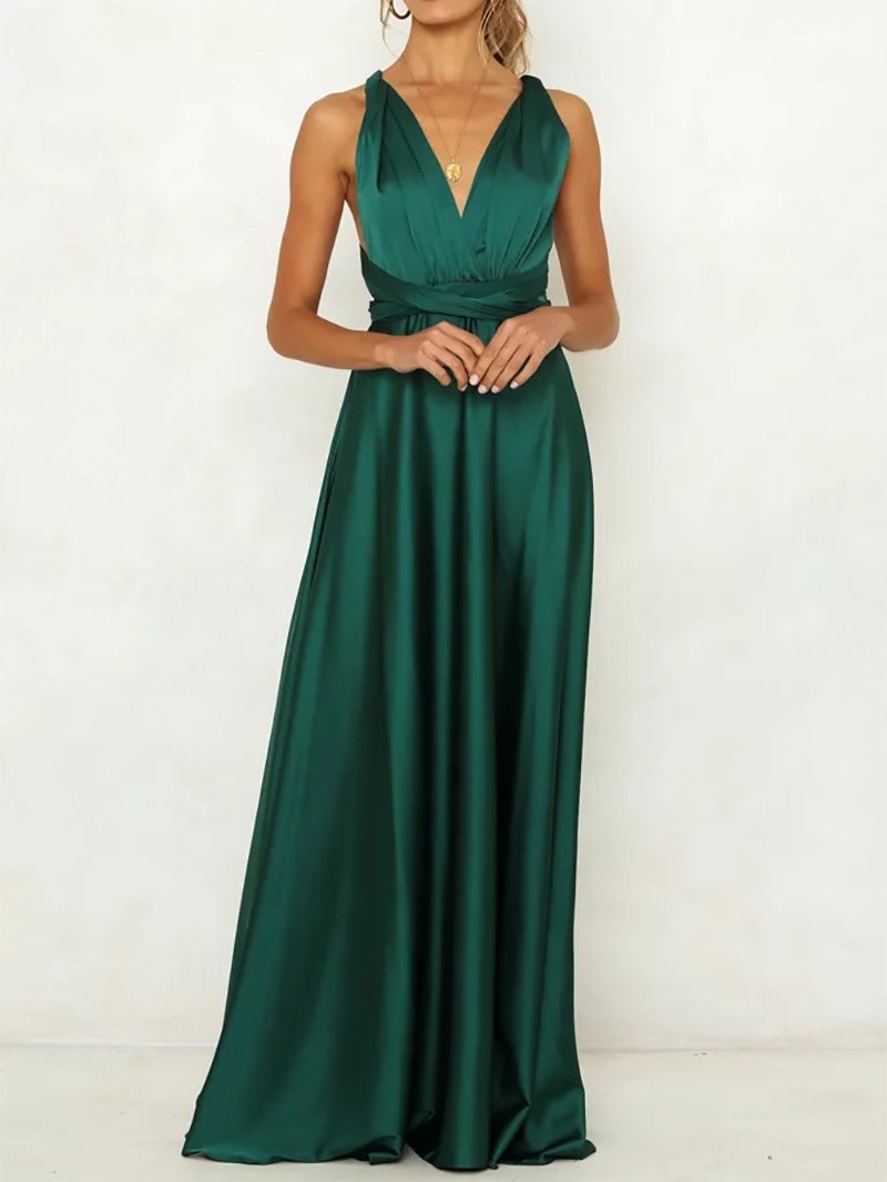 Sexy V Neck sleeveless Pure Colour Bare Back Belted Evening Dresses