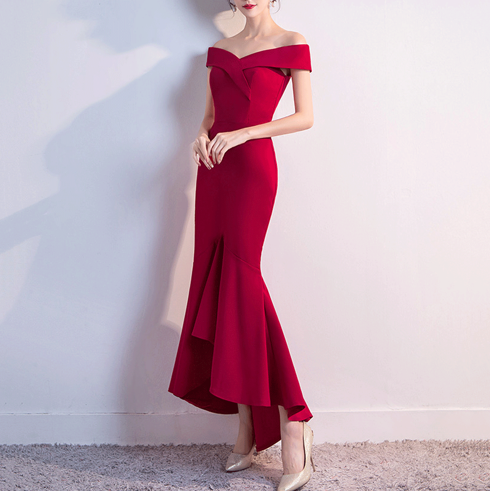 Glamorous Off Shoulder short sleeves Plain Fishtail Evening Dress