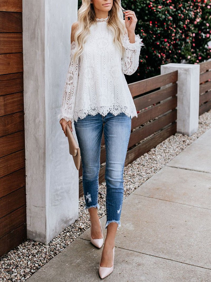 Elegant Lace Long Sleeve Off-Shoulder Shirt