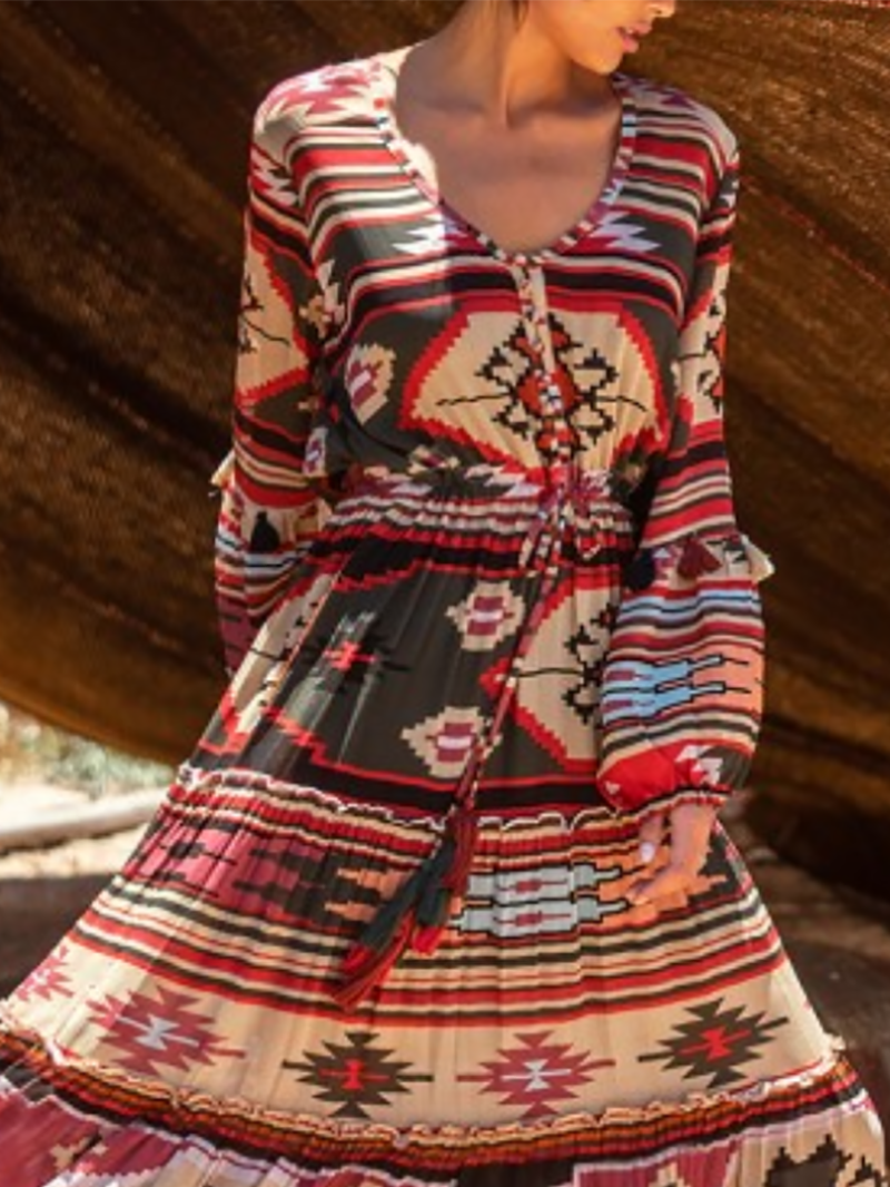 Bohemian Printed Colour V Neck Long Sleeve Maxi Dresses