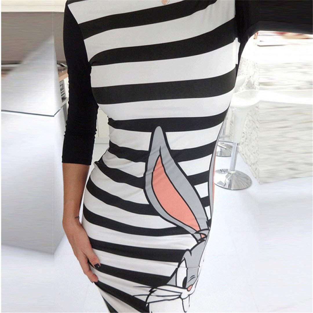 Fashion Striped Rabbit long sleeves Print Dress