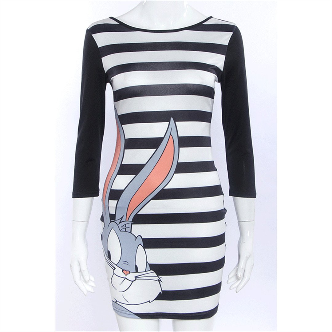 Fashion Striped Rabbit long sleeves Print Dress