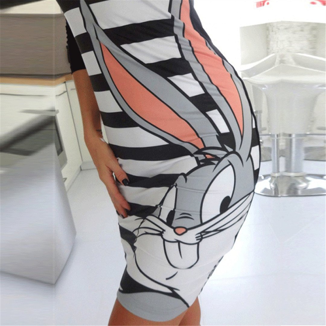 Fashion Striped Rabbit long sleeves Print Dress