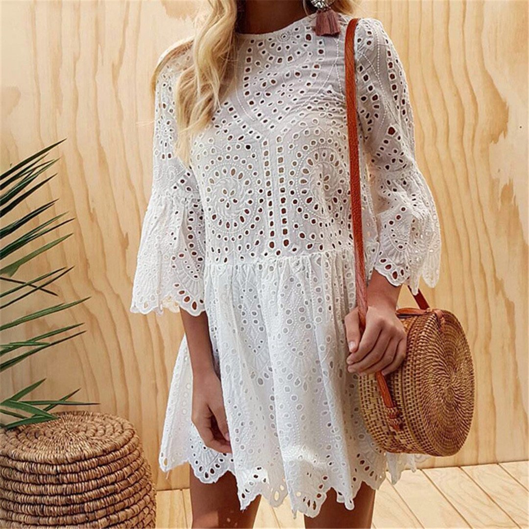 Sexy Hollow Lace Lotus Frock long sleeve Mini Dress