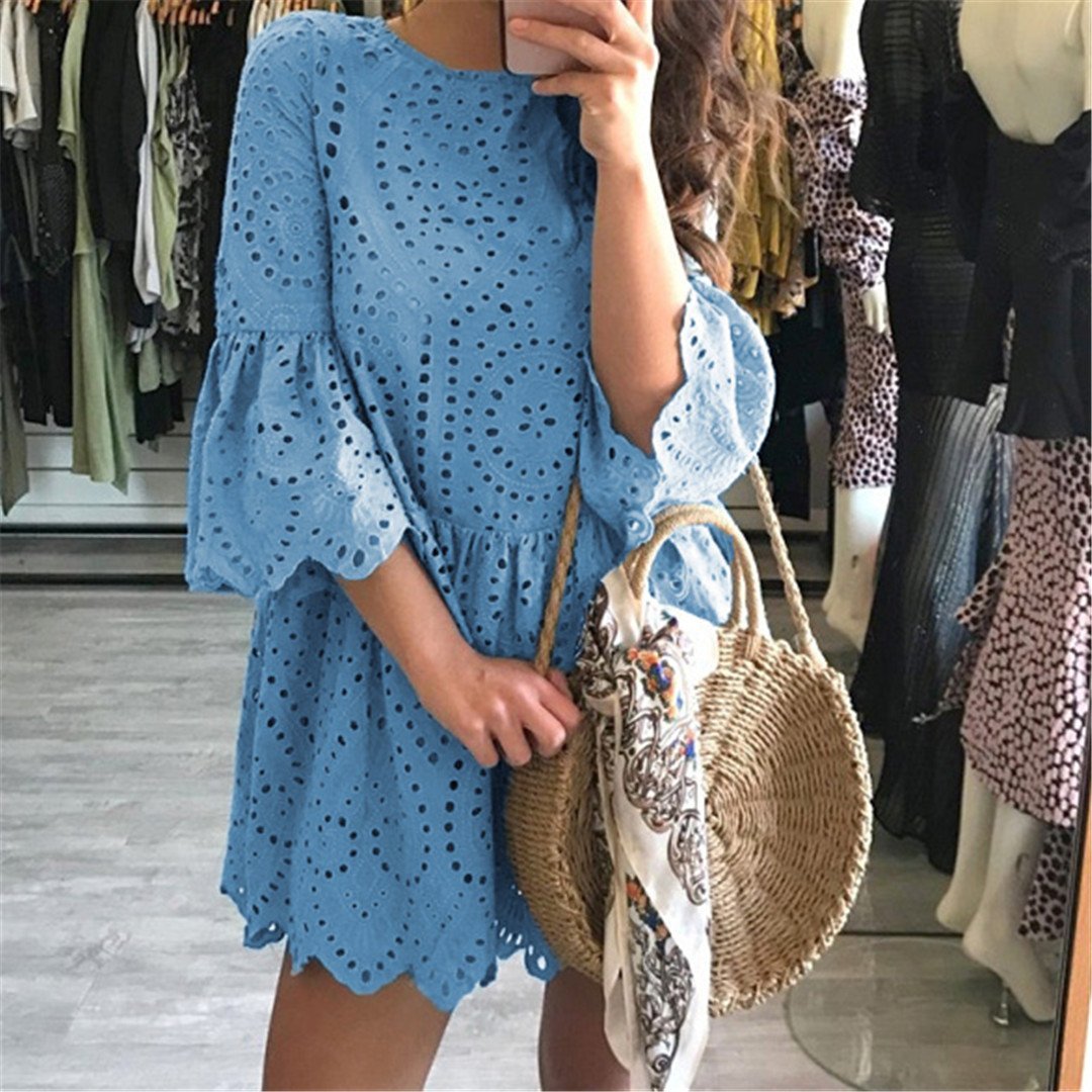 Sexy Hollow Lace Lotus Frock long sleeve Mini Dress