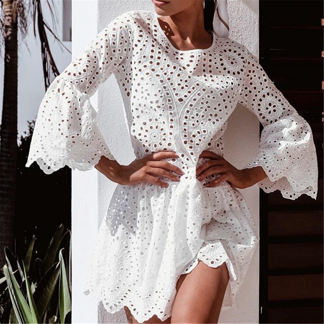 Sexy Hollow Lace Lotus Frock long sleeve Mini Dress