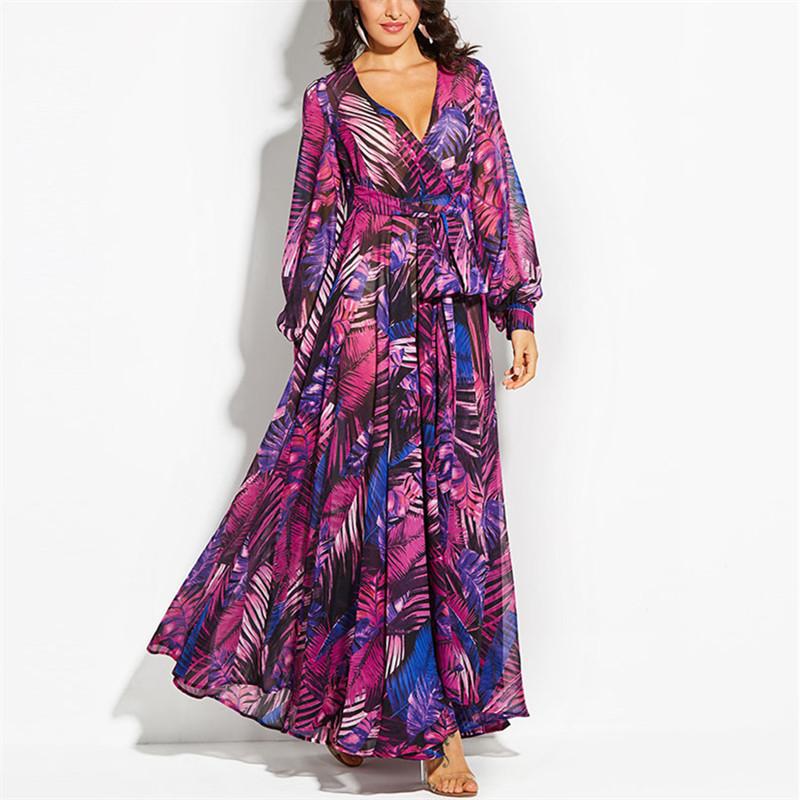 Long Sleeved V Neck Printed Long Dress