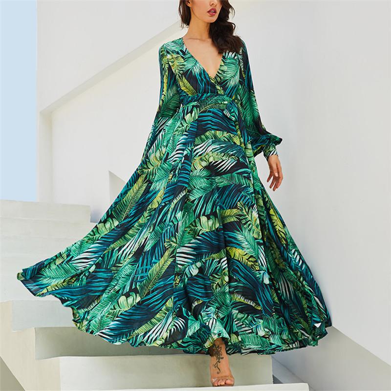 Long Sleeved V Neck Printed Long Dress