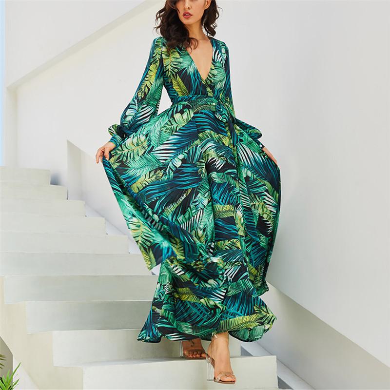 Long Sleeved V Neck Printed Long Dress