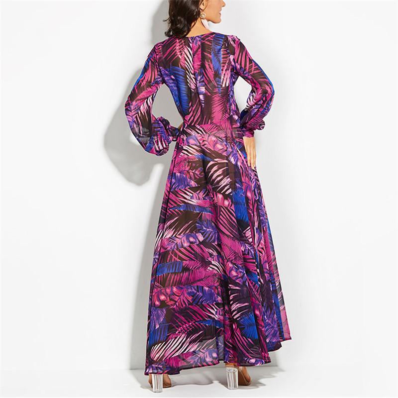 Long Sleeved V Neck Printed Long Dress