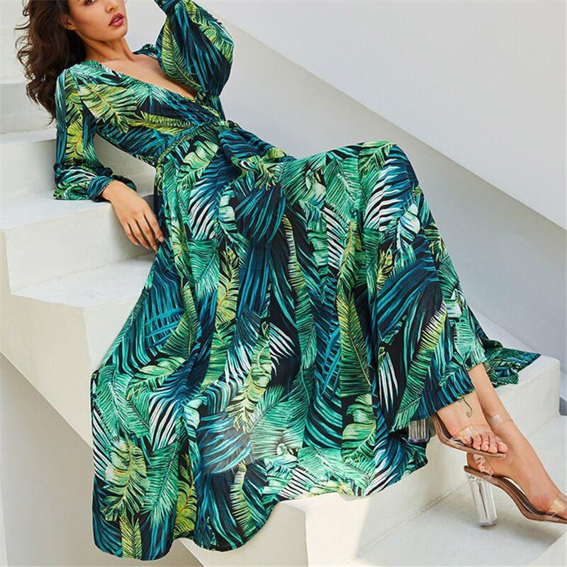 Long Sleeved V Neck Printed Long Dress