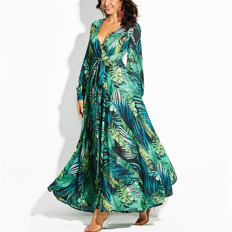 Long Sleeved V Neck Printed Long Dress