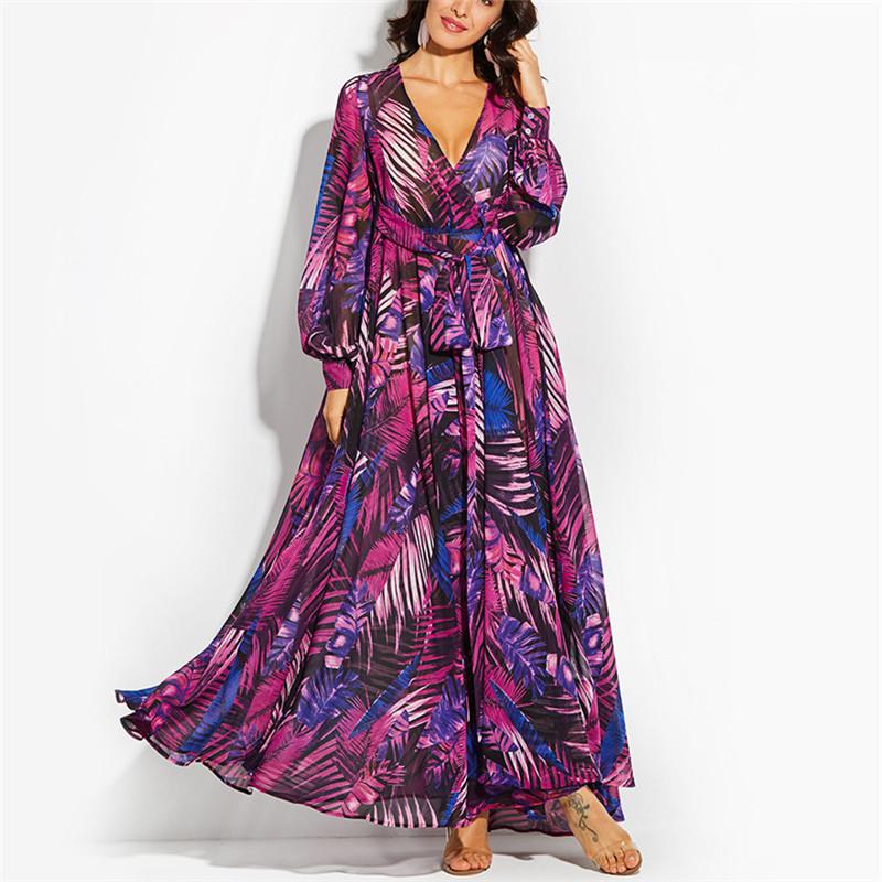 Long Sleeved V Neck Printed Long Dress