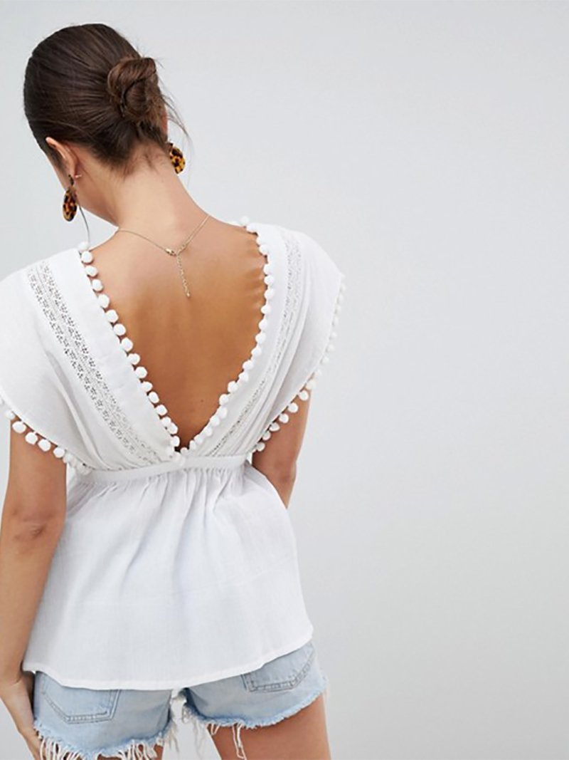 Sexy V Neck Splicing Hollow Out Bare Back Blouses