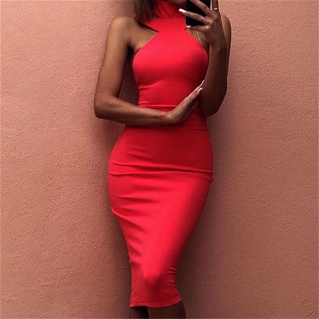 Sexy sleeveless Shoulder Exposed Solid Color Dress