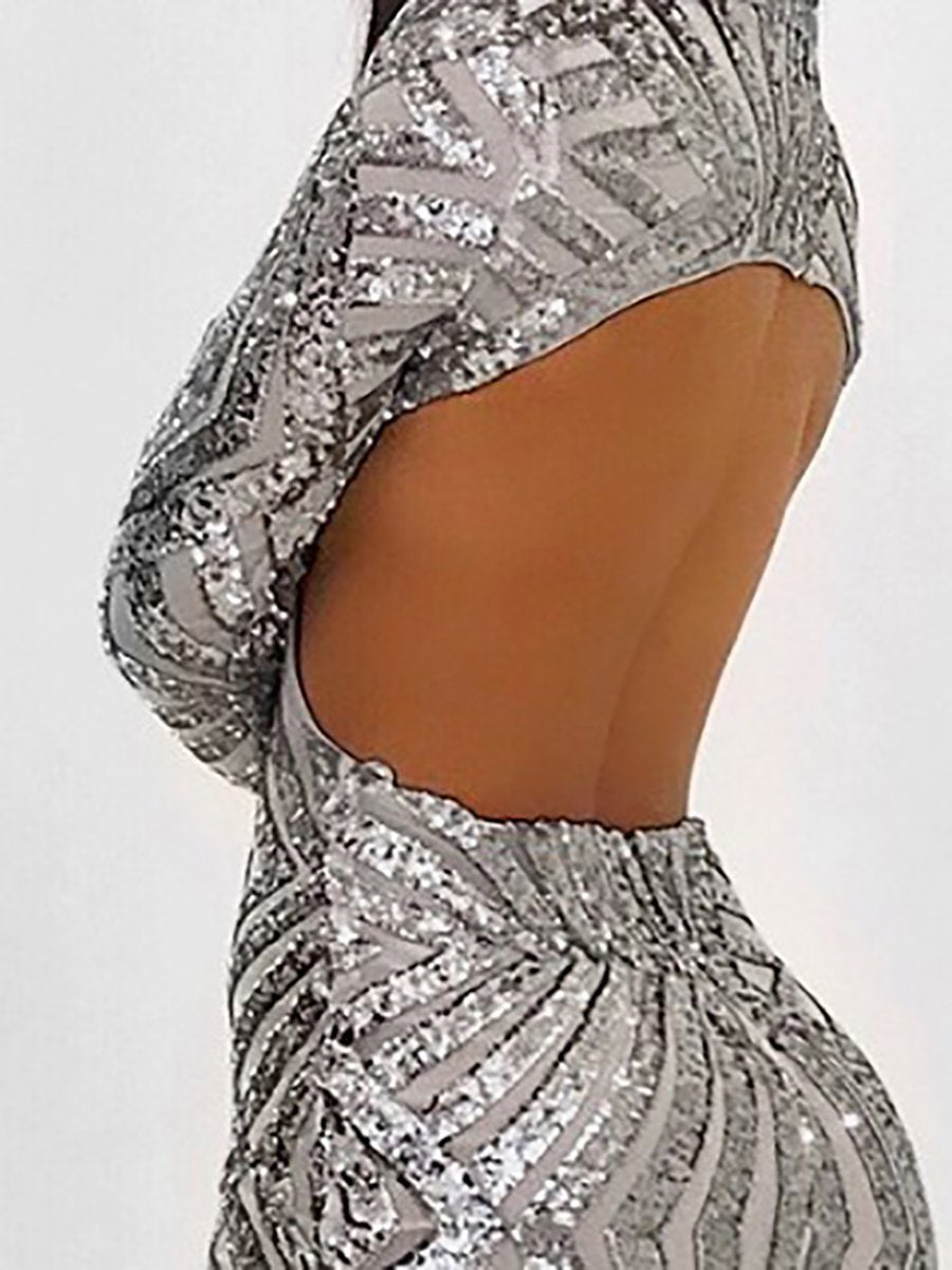 High Neck long sleeve Backless  Shimmering Powder  Embossed Bodycon Dresses