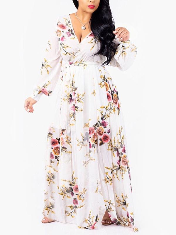 Fashion Chiffon Printed Colour Big Size long sleeves Maxi Dresses