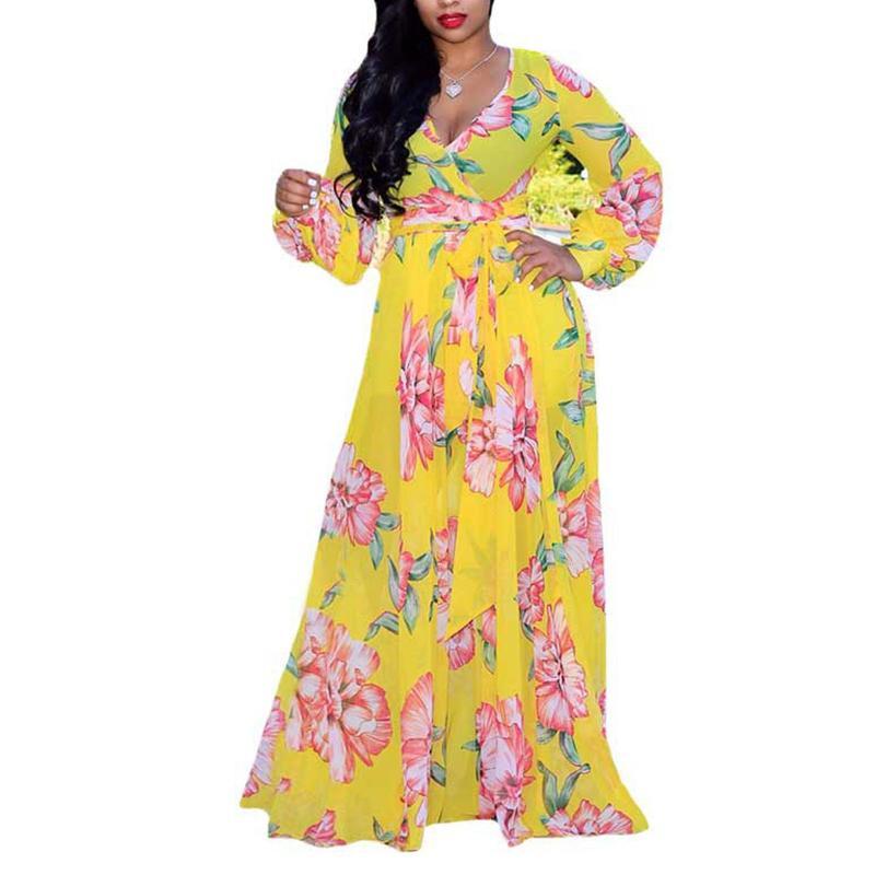 Fashion Chiffon Printed Colour Big Size long sleeves Maxi Dresses