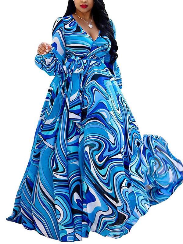 Fashion Chiffon Printed Colour Big Size long sleeves Maxi Dresses