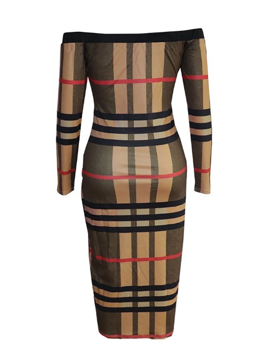 Off Shoulder long sleeves Backless  Contrast Stitching  Plaid Bodycon Dresses