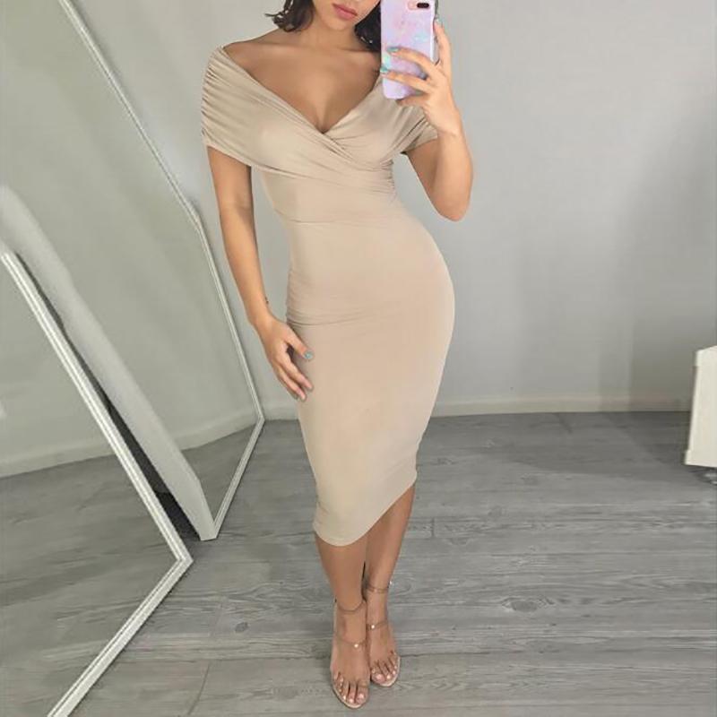 Casual Sexy Deep V Neck long sleeves Pure Color Bodycon Dresses