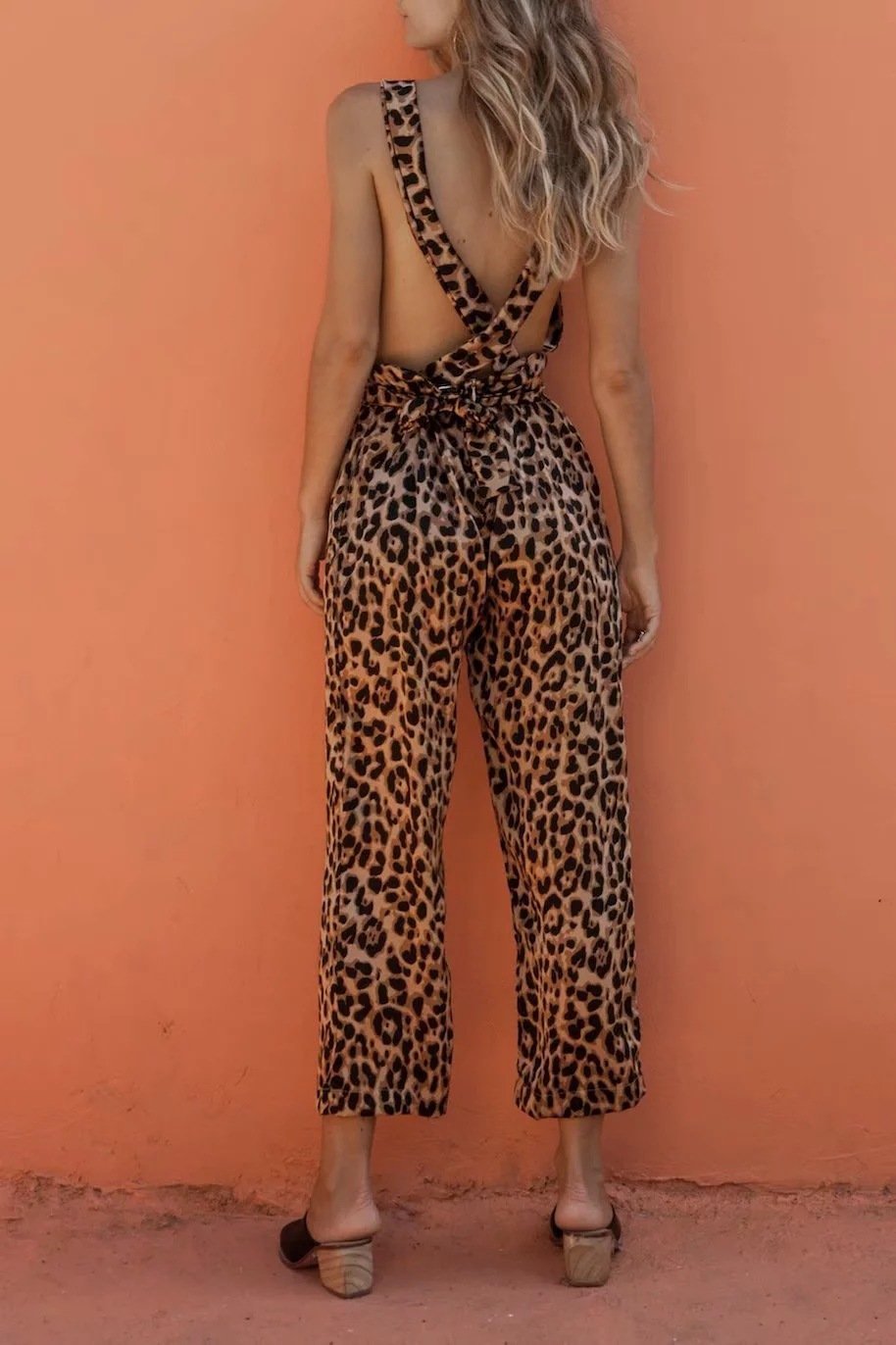Casual Slim Show Thin  Sexy Ling Backless Leopard Print Wide Leg Jumpsuit