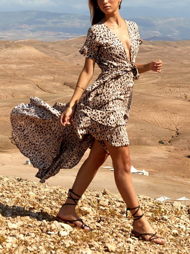 Fashion V Neck Leopard Print Bow Belted  short sleeves Maxi Dresses