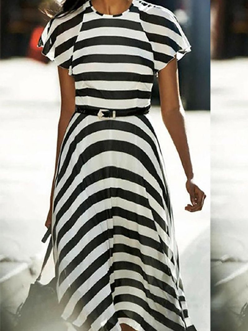 Fashion Short Sleeve Striped Round Neck Maxi Dresses
