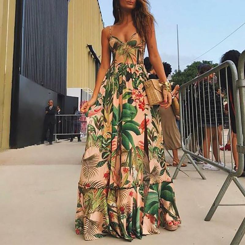 Fashion V Neck sleeveless Sling Printed Colour Maxi Dresses