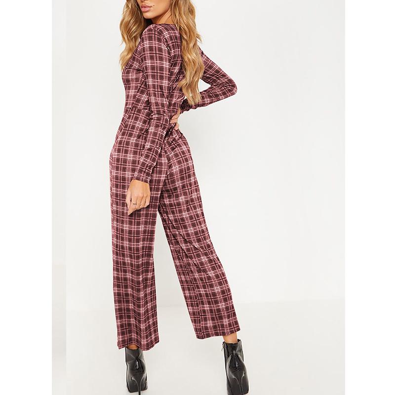 Check Fashion Sexy V Collar Long Sleeve Jumpsuits