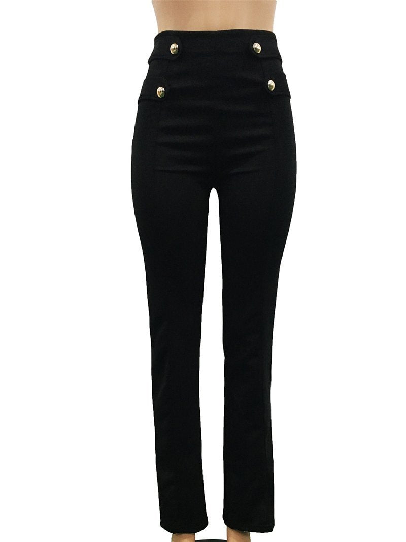 Fashion High-Waist Pure Colour Button Decoration Broad Leg Pant