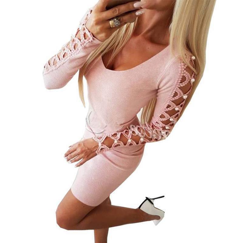 Fashion Pure Colour long sleeves Hollow Out Bodycon Dresses