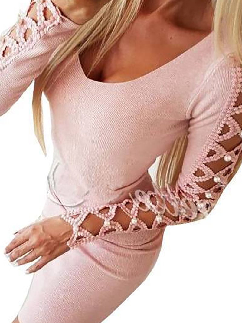 Fashion Pure Colour long sleeves Hollow Out Bodycon Dresses