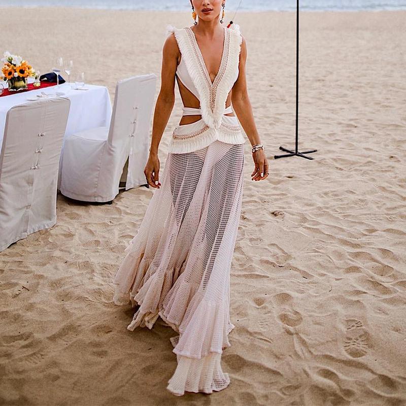 Sexy Deep V Belted See-Through sleeveless Maxi Dresses